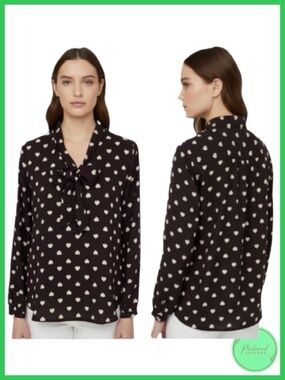 LOFT Heart Print Tie Front Long Sleeve Blouse